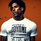 Stylized portrait of a man with tattoos, white T-shirt, orange backdrop, birds.