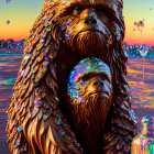 Vibrant Digital Artwork: Two Creatures with Shimmering Fur Against Sunset and Water