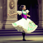 Traditional dress woman dancing gracefully in white and purple attire