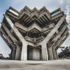 Futuristic building with layered roofs and gold-blue detailing