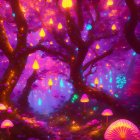 Mystical forest with glowing lights, twisted trees, serene stream, vibrant purple hues