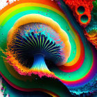 Colorful Neon Mushroom Art with Rainbow Circles and Paint Splashes