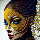 Stylized female face with golden makeup and ornate headdress.