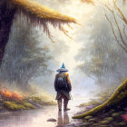 Traveler in hat and backpack navigating puddle-laden path in enchanted forest