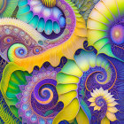 Vibrant fractal art with intricate spiral patterns and gradient textures