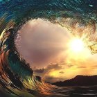 Majestic crystal-clear wave against sunset backdrop