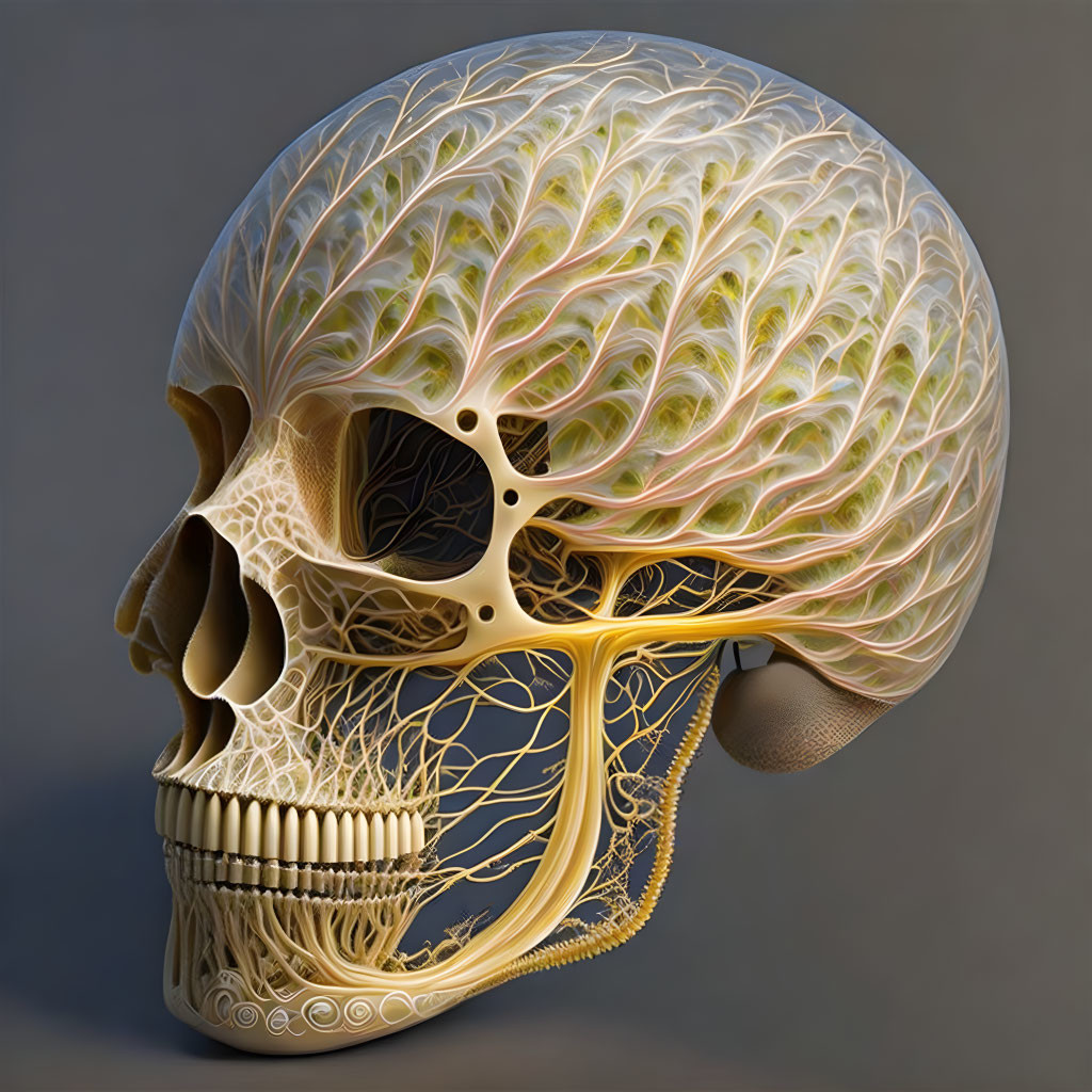 Detailed human skull illustration with tree-like cranium branches.