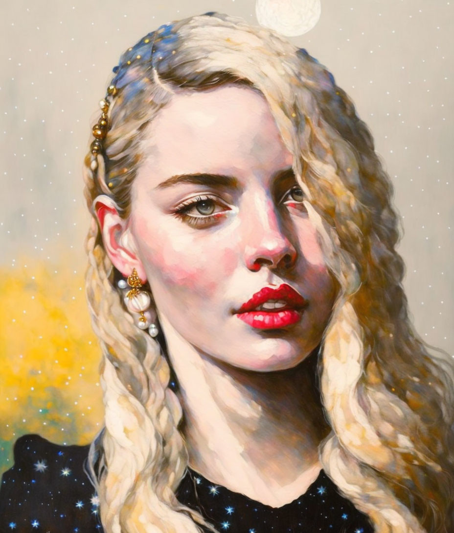 Blond Woman Portrait with Starry Night Motif