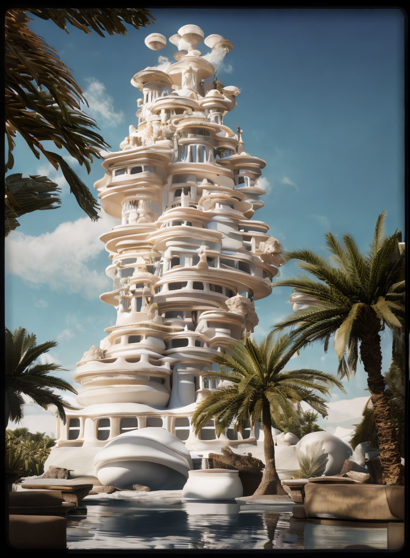 Futuristic multi-tiered tower with organic architecture in a tropical setting