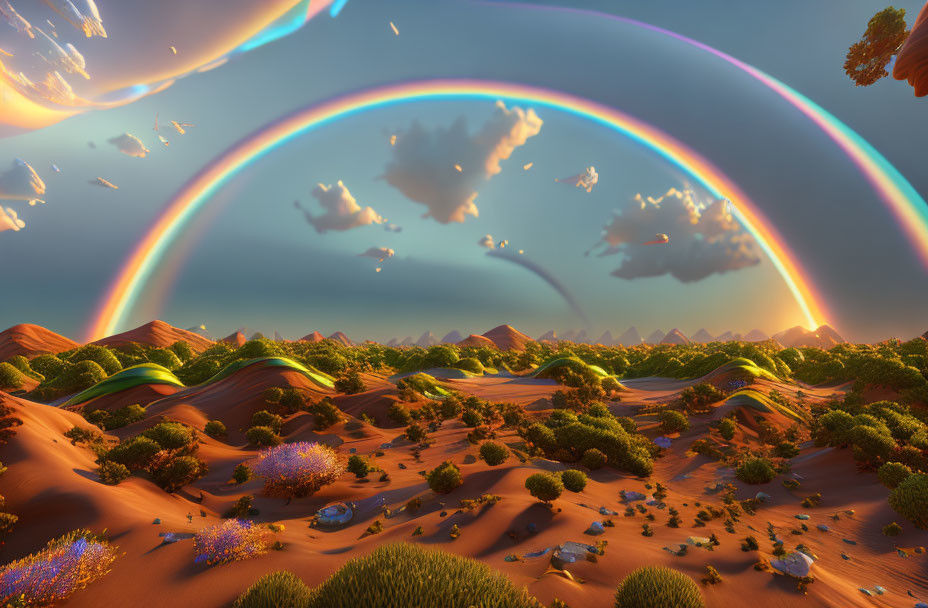 Vibrant double rainbows over surreal desert landscape