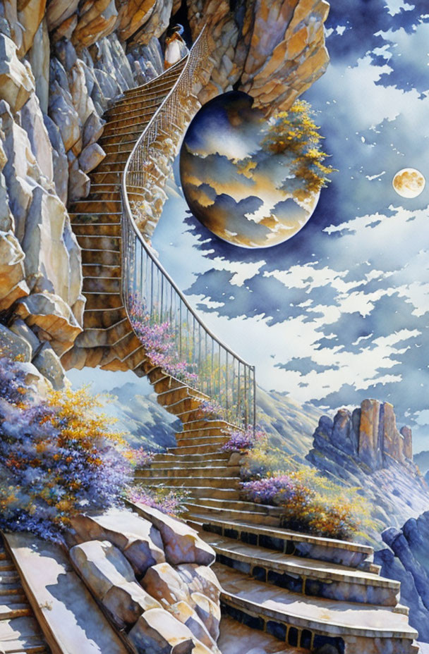 Surreal painting of spiraling staircase on cliff with circular portal and vibrant scenery