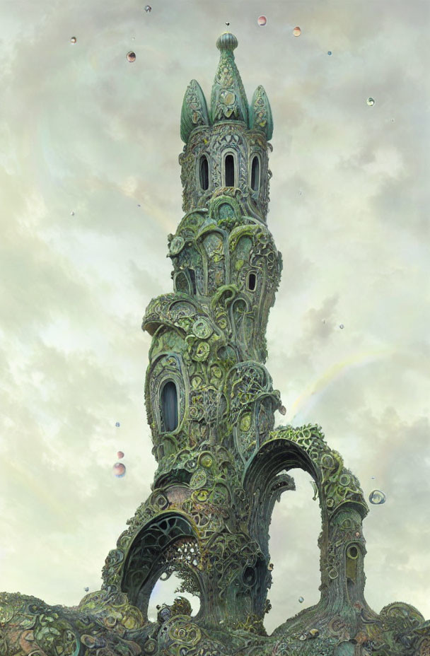 Fantasy painting: Ornate tower with arches, embellishments, colorful orbs, cloudy sky