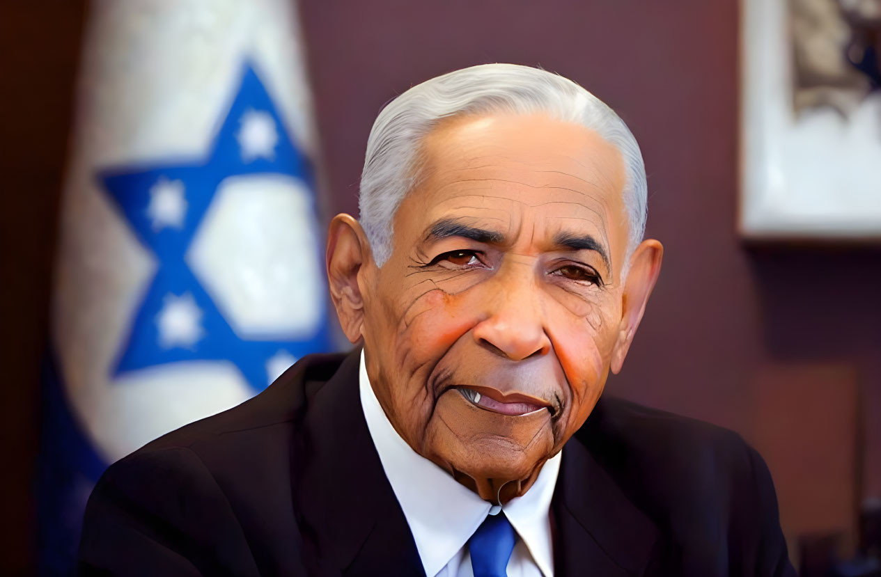 Elderly Gentleman in Suit Smiling by Israeli Flag