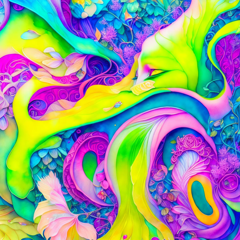 Colorful Abstract Art with Swirling Neon Patterns & Nature Elements