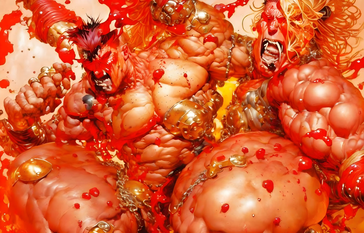 Vibrant digital artwork: Chaotic muscular forms, red beast, golden accents on orange backdrop