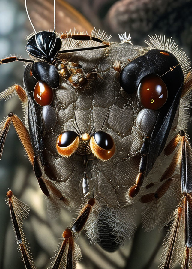 Detailed view of a fly's head with compound eyes, antennae, and mouthparts.