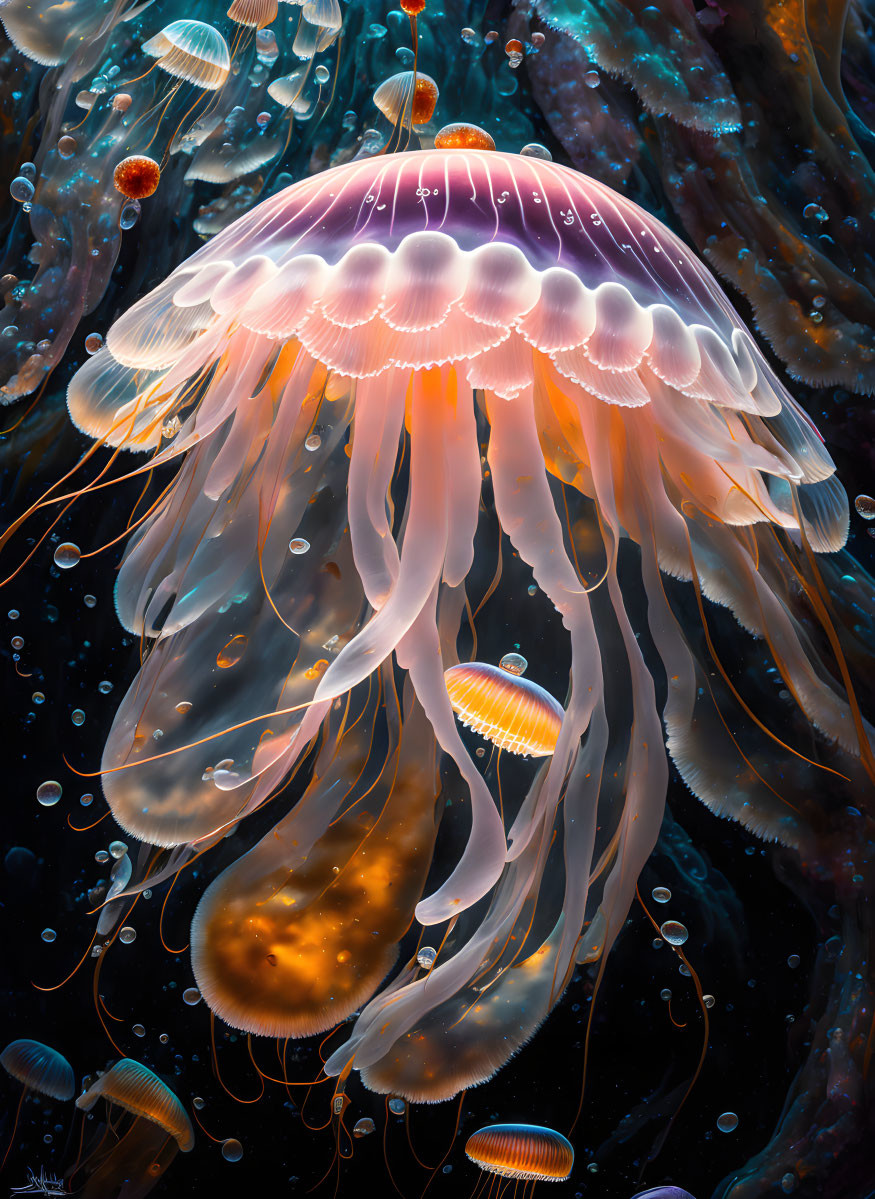 Luminous jellyfish with long tentacles in vivid underwater scene