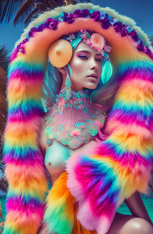 Colorful model in rainbow fur garment, floral headwear, and ornate neckpiece on tropical background