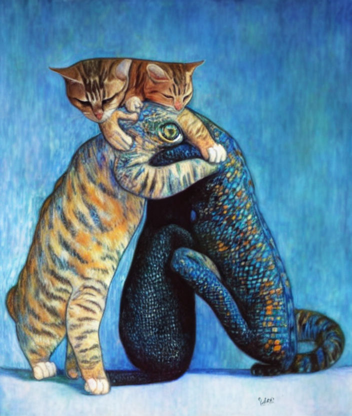 Colorful Painting of Three Stylized Cats in Unique Pose