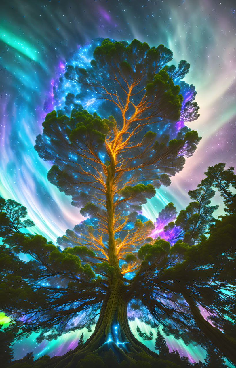 Majestic tree under vibrant starry sky with aurora colors