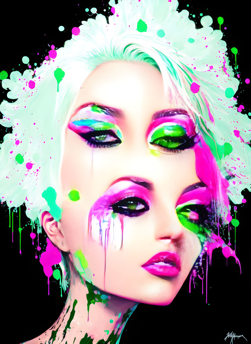 Vibrant digital artwork of woman with rainbow makeup & neon paint.