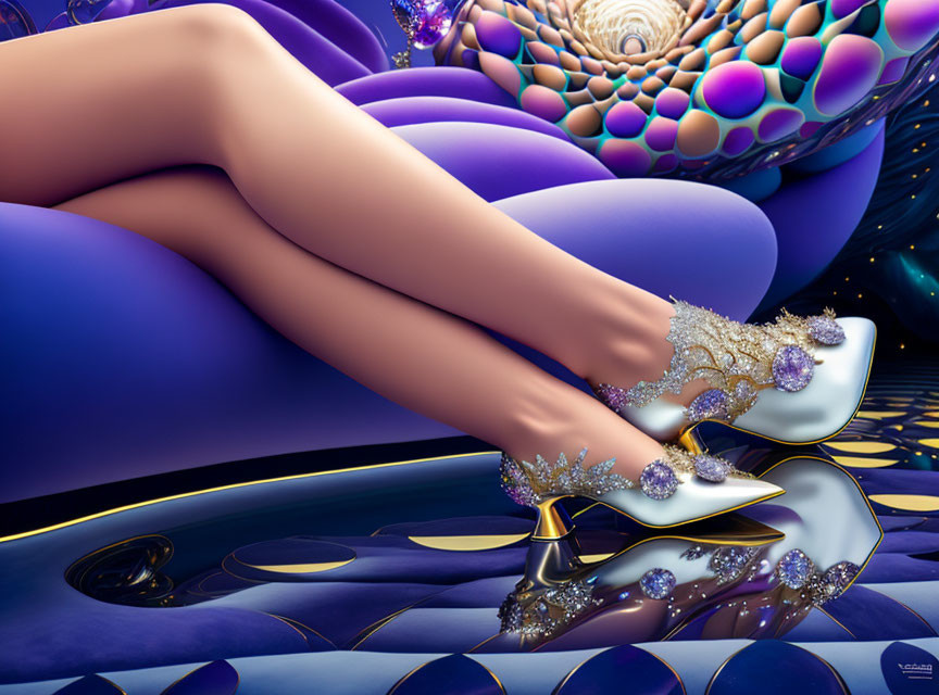 Vibrant digital art: Woman's legs in jeweled high heels on surreal background