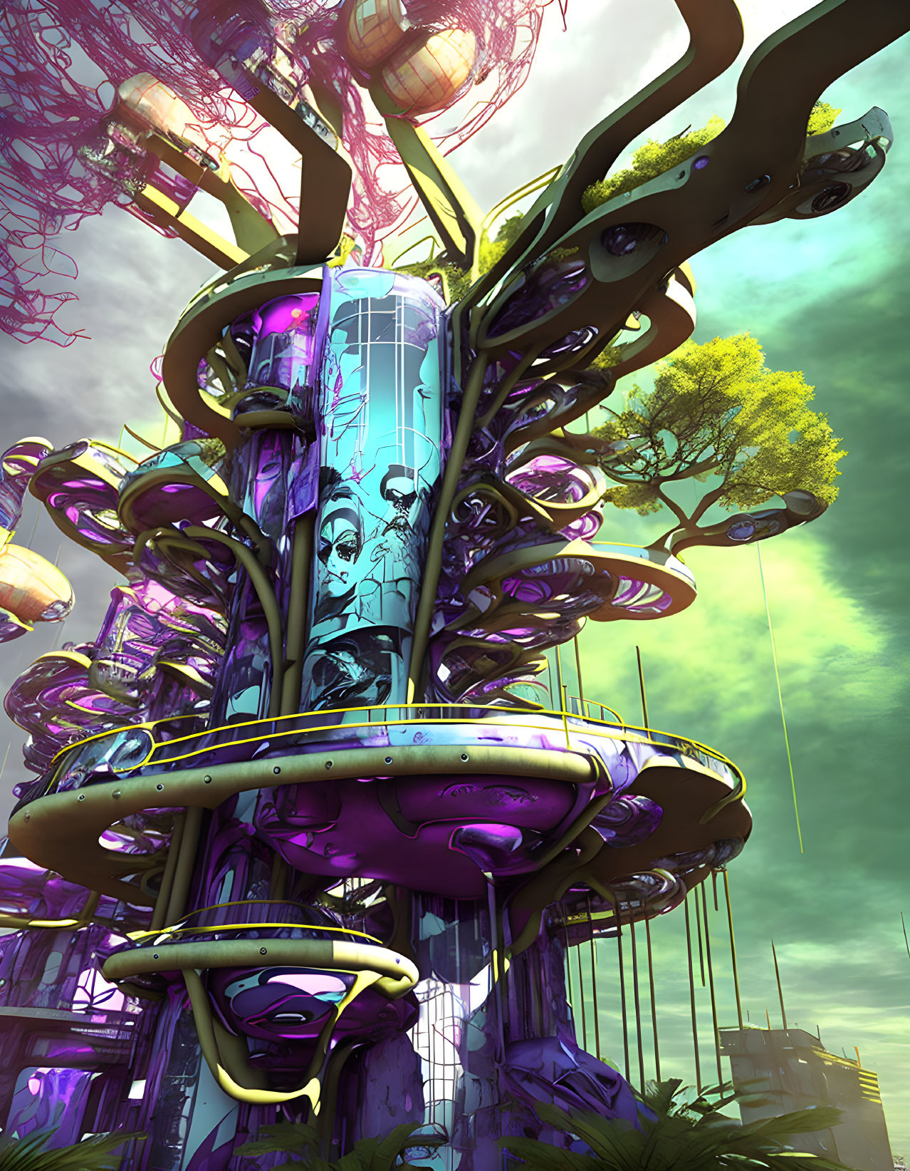 Purple-accented futuristic tree structure with circular platforms and high-tech elements in a greenish sky