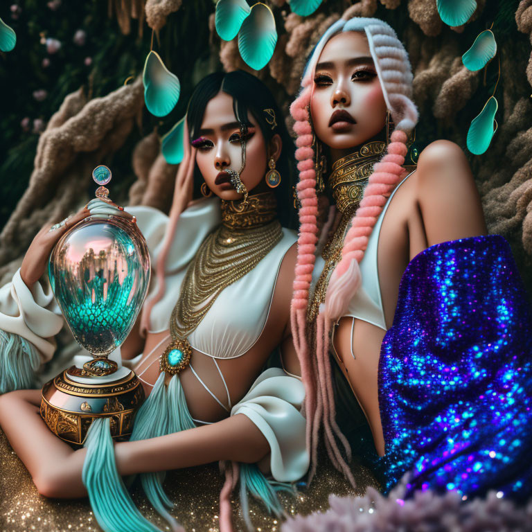 Stylized women with colorful hair and crystal ball among butterflies