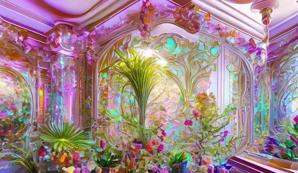 Colorful Floral and Botanical Interior with Ornate Moldings and Iridescent Accents