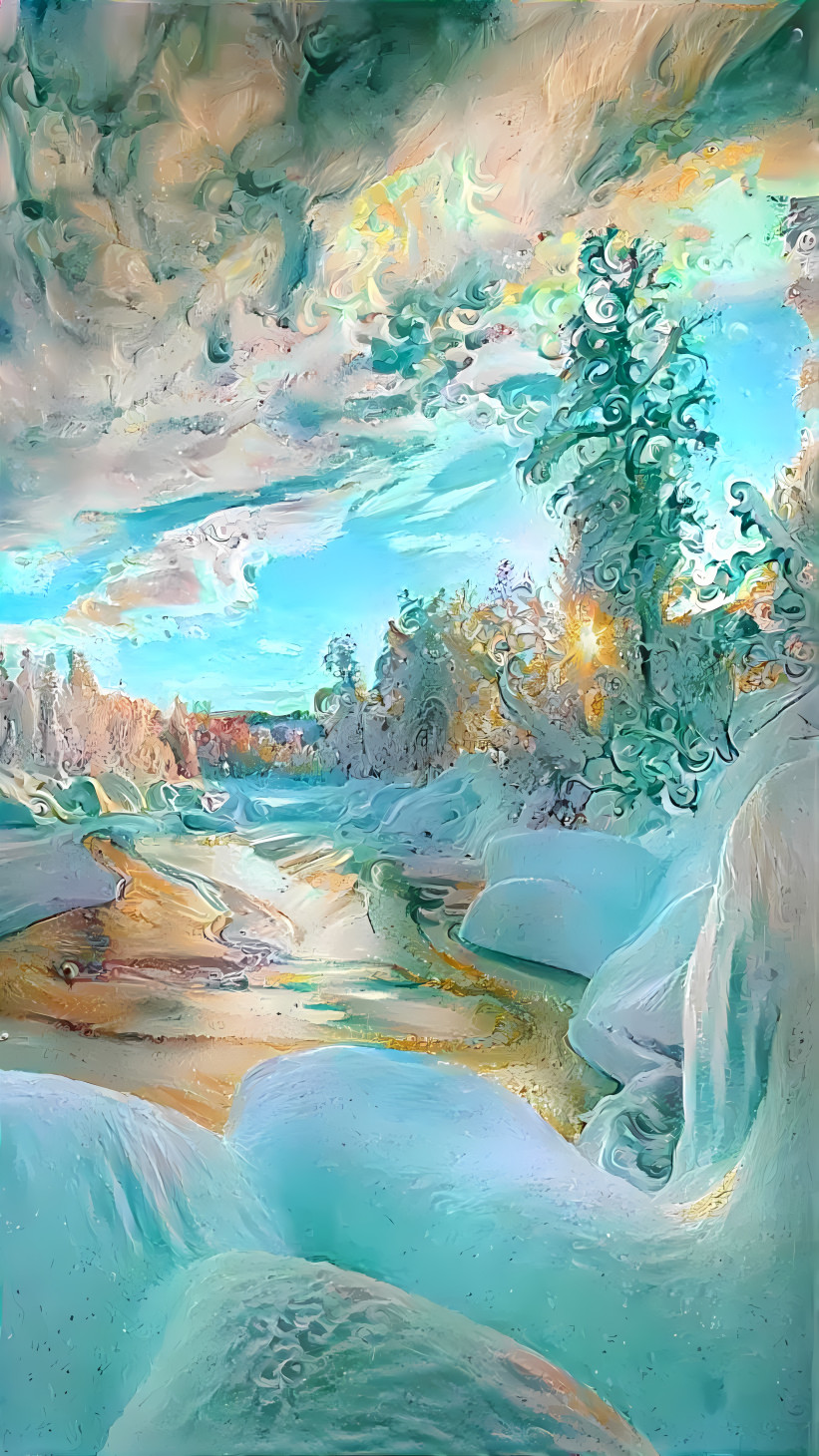 snowy river scene, bright day, crisp