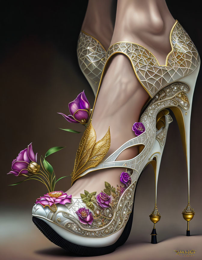 Stylized illustration: Woman's leg in ornate golden high heel