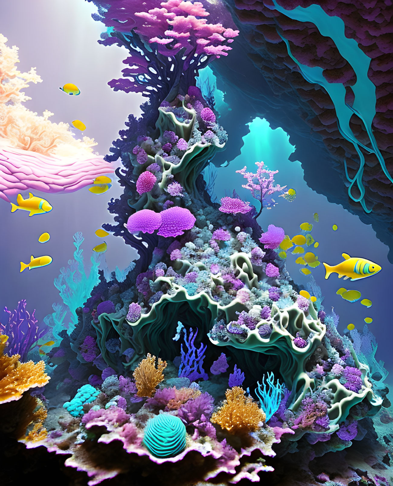 Colorful Coral Formations and Tropical Fish in Vibrant Underwater Scene