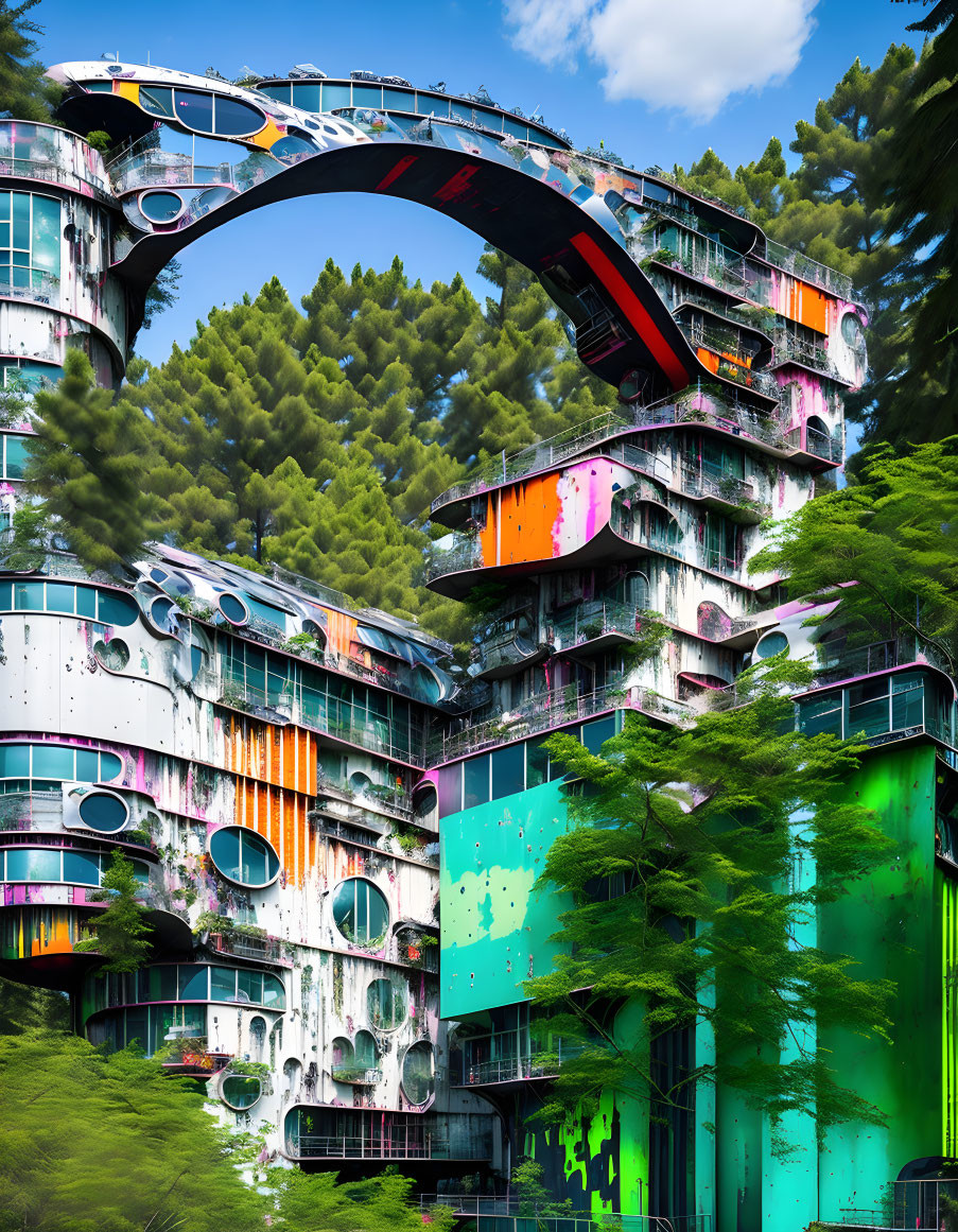 Futuristic colorful building with circular modules and arched bridge surrounded by green trees