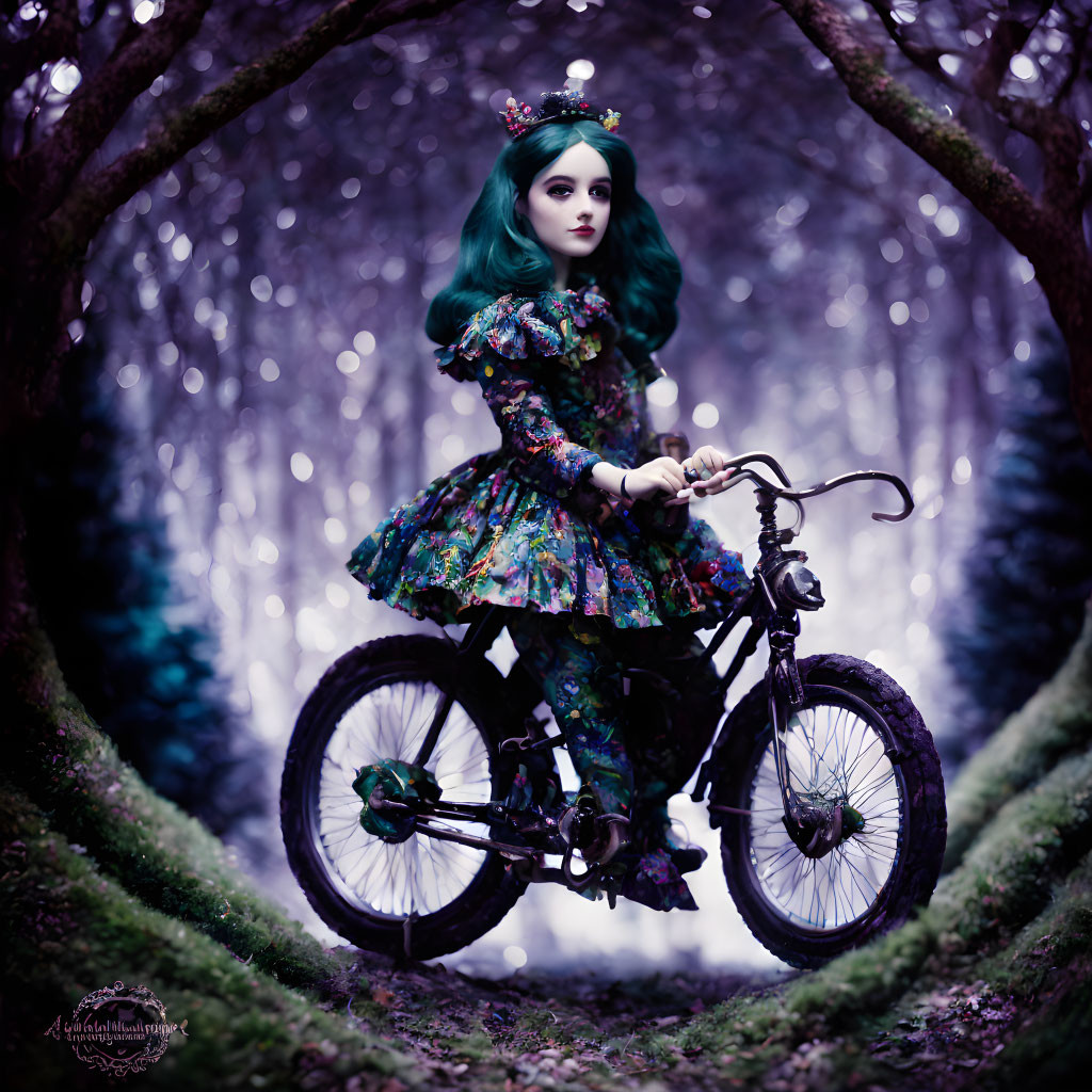 Green-haired doll in floral dress rides bicycle through whimsical tree tunnel