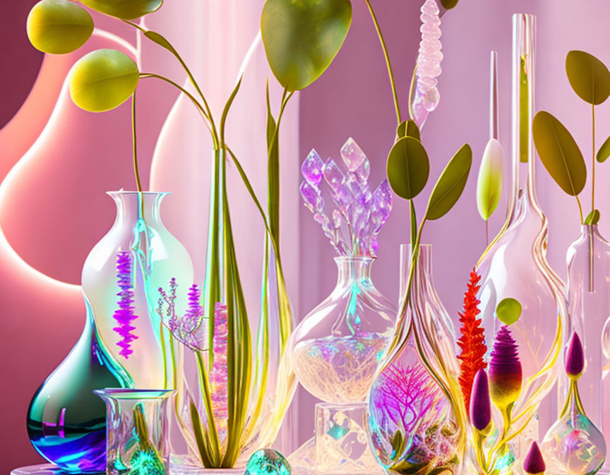 Colorful Glass Vases with Exotic Plants on Pink and Purple Background