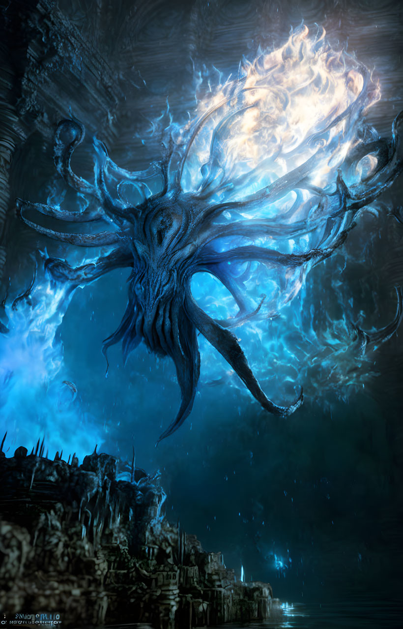 Giant Blue Glowing Octopus-Like Creature in Underwater City