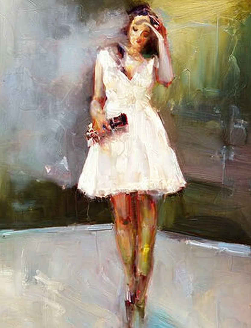 Impressionistic painting of woman in white dress clutching purse