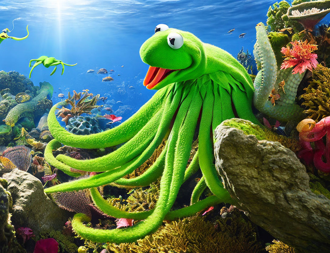 Octopus with green puppet character head in vibrant underwater scene