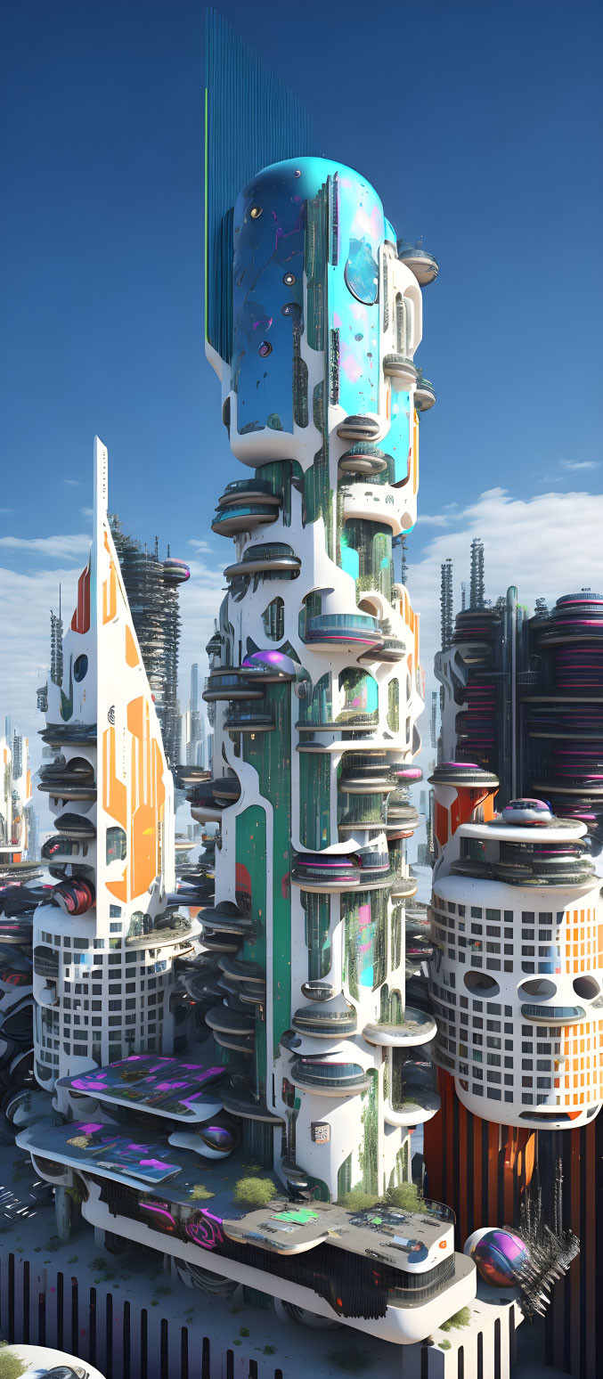 Vibrant futuristic cityscape with eclectic architecture