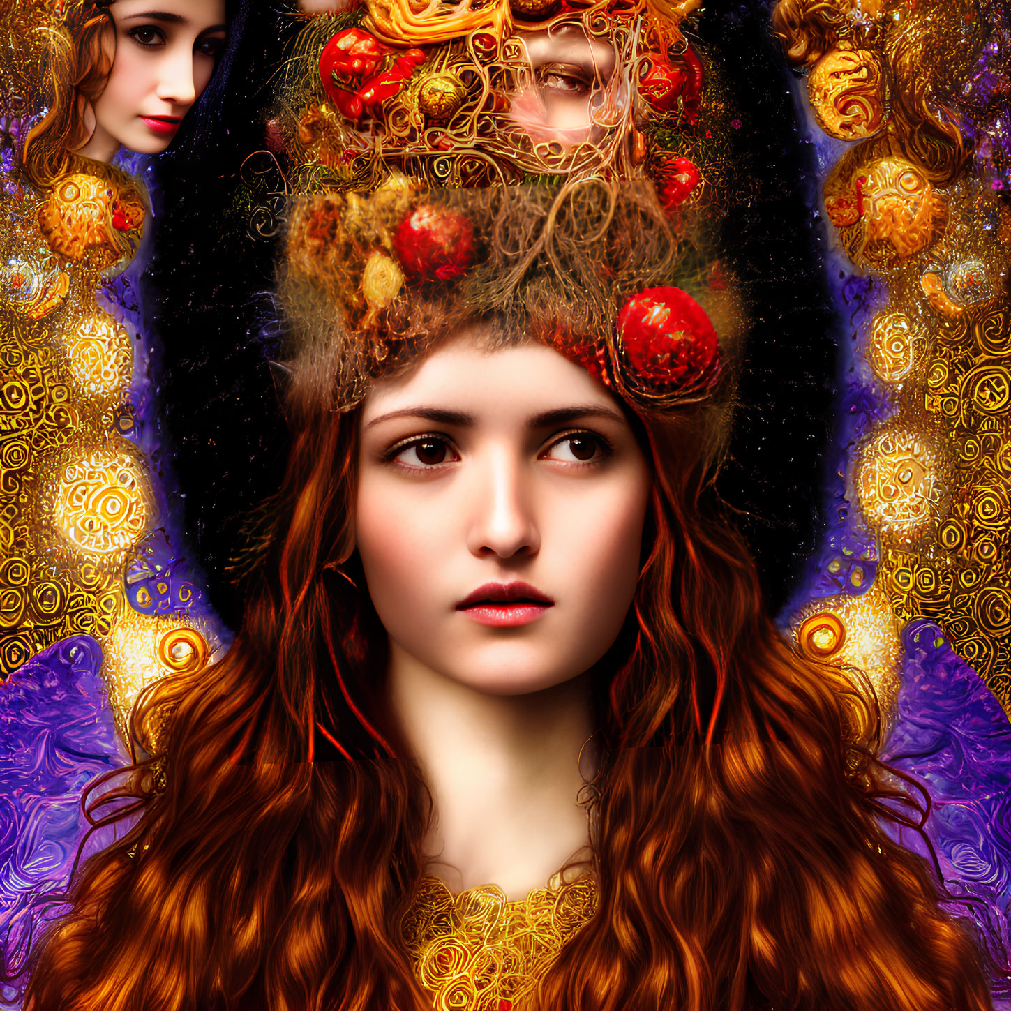 Red-haired woman in surreal cosmic portrait with golden motifs.