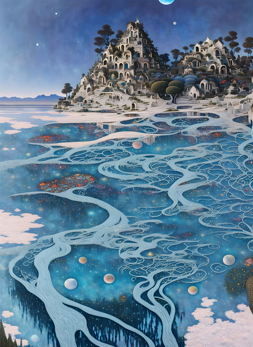 Fantasy landscape with starry skies, whimsical castle, snow-covered peaks, and cosmic river.