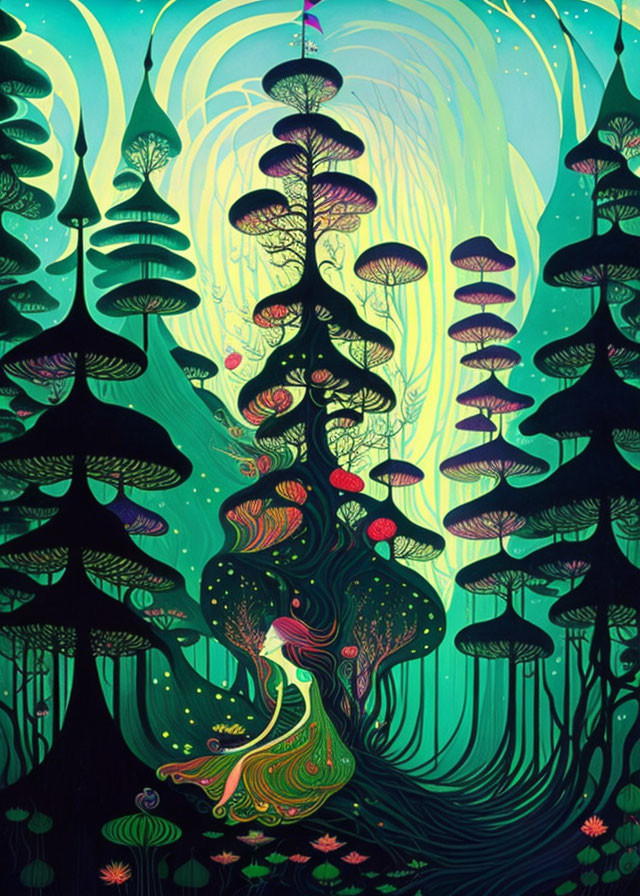 Colorful Stylized Forest Scene with Whimsical Trees