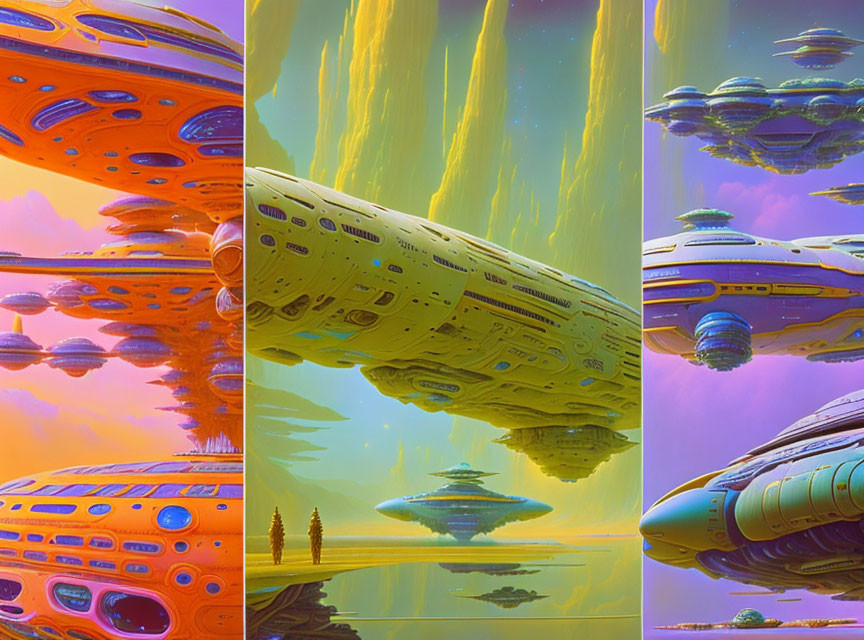 Futuristic Spaceships Triptych Over Alien Landscape