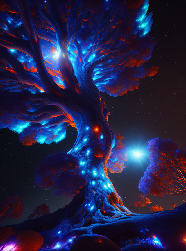 Vibrant tree with blue glowing leaves in magical night sky