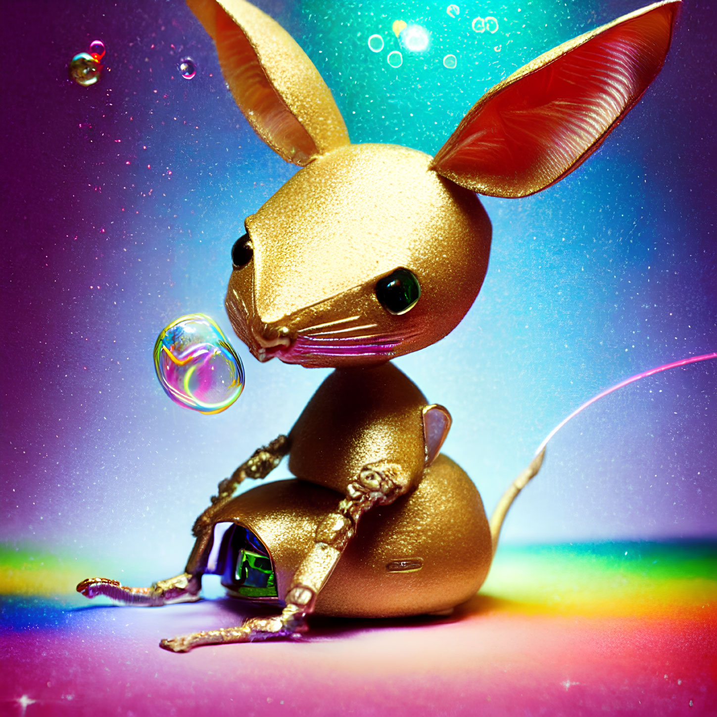 Golden Metallic Mouse Sculpture with Black Eyes on Colorful Bokeh Background