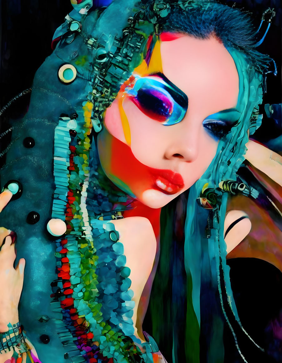 Colorful digital artwork of female figure with elaborate makeup and embellishments