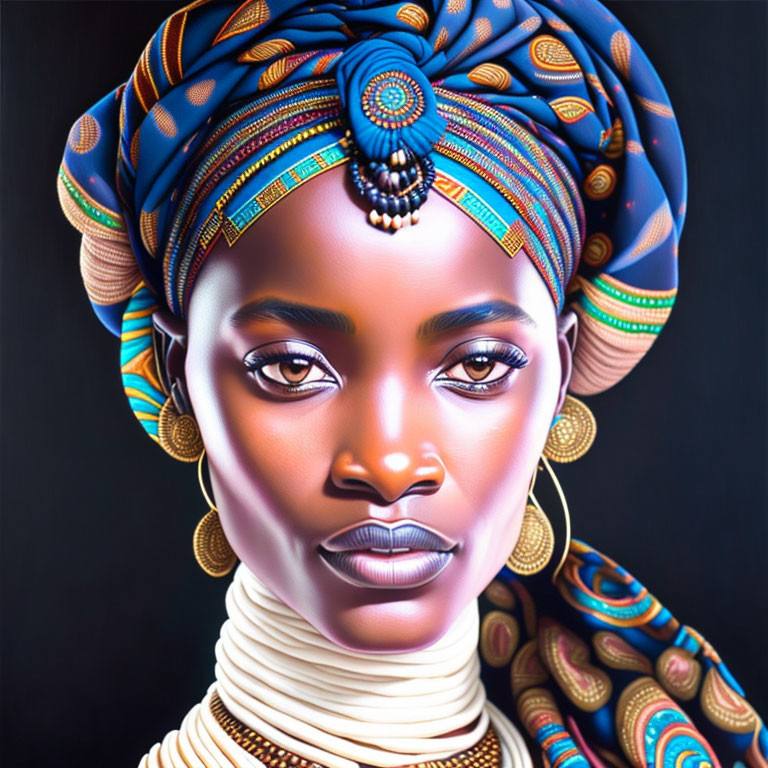 Colorful head wrap and elaborate jewelry portrait on black background