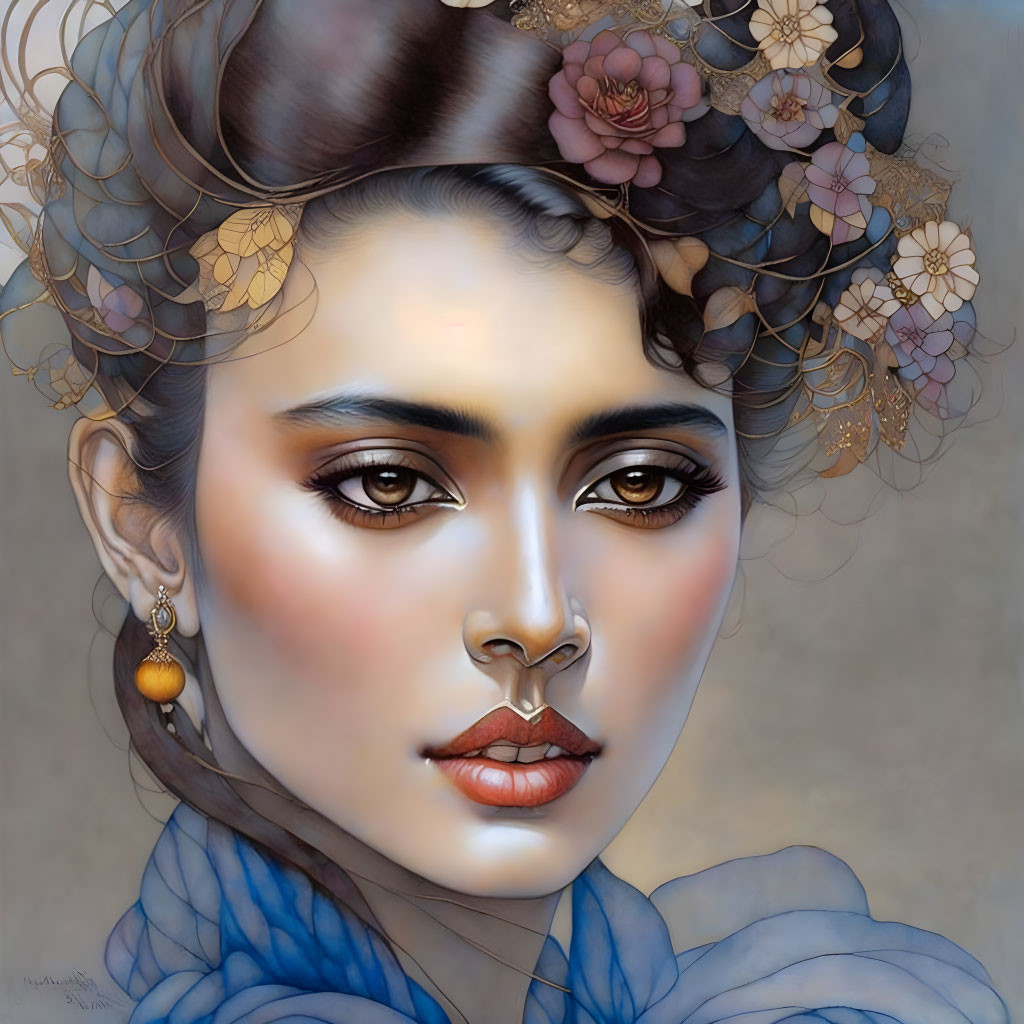 Detailed Digital Portrait of Woman with Brown Eyes and Floral Hair Accessories