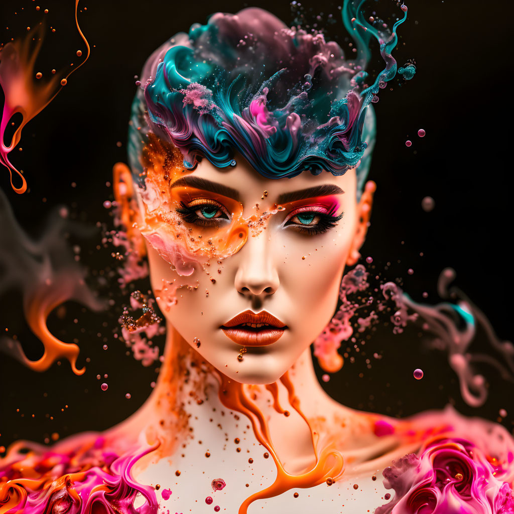 Colorful surreal portrait of a woman with swirling liquid splashes on dark backdrop