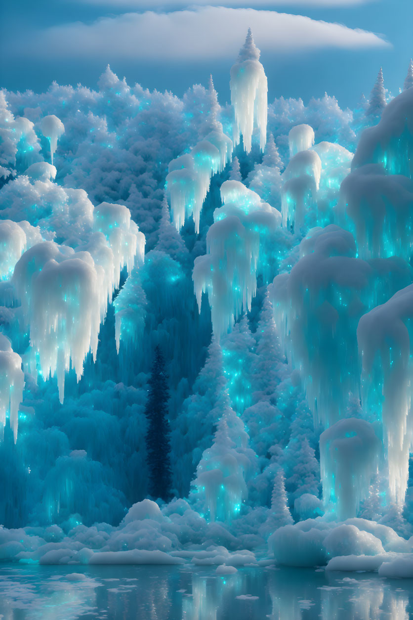 Icy Landscape with Turquoise Lights and Frozen Formations